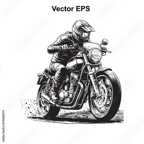 Vector art of man riding a motorcycle with dust effect