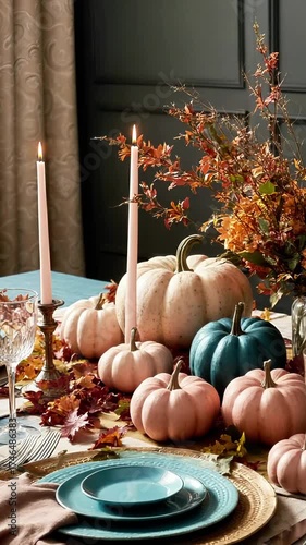 Elegant autumn table setting featuring decorative pumpkins, candles, and vibrant foliage, showcasing a warm, inviting atmosphere for seasonal gatherings and celebrations