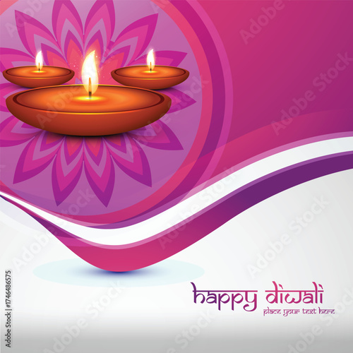 Happy Diwali Festival Celebration Background with Glowing Diyas, Vibrant Pink and Purple Decorative Waves, Warm Festive Lights, and Elegant Indian Festival of Lights Greeting Design