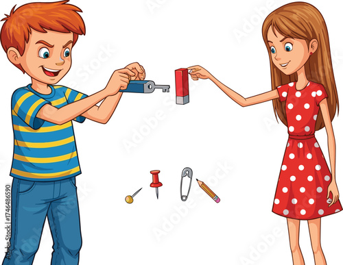 Children, magnet experiment, cartoon science, magnetic objects, educational vector, kids learning, metal attraction, physics concept, classroom activity, illustration