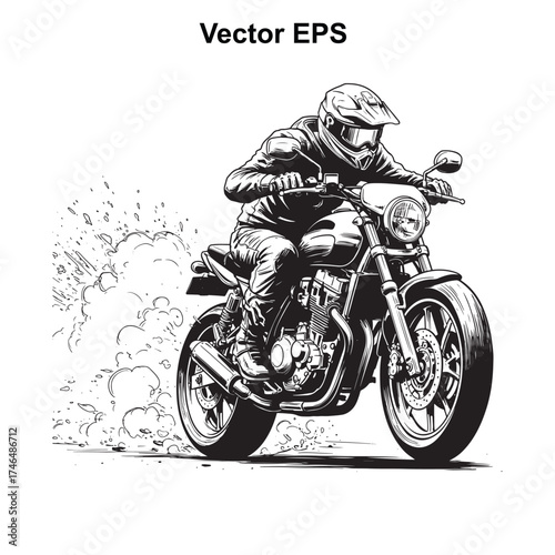Vector art of motorcyclist riding a motorcycle with dust and speed lines