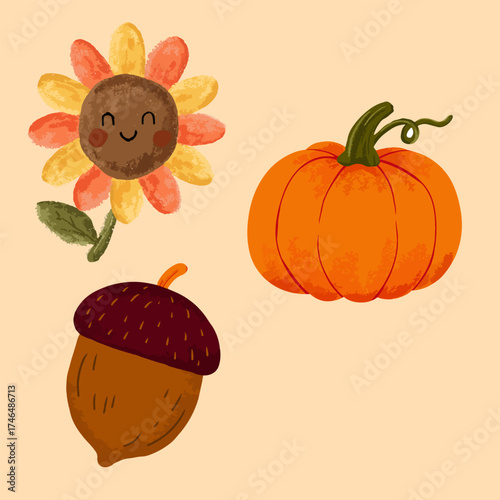 Cute Autumn Doodle Set with Pumpkin, Acorn, and Sunflower Illustration