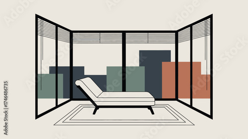 A minimalist illustration of a chaise lounge in a room with a cityscape view through windows