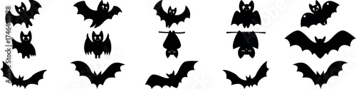 Many black bats fly, hang upside down, and spread their wings on white