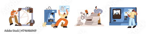 3D printer set. Technology of printing models in laboratory for building, medicine and science. Concept of innovation and creation with machine. Flat isolated vector illustrations on white background.