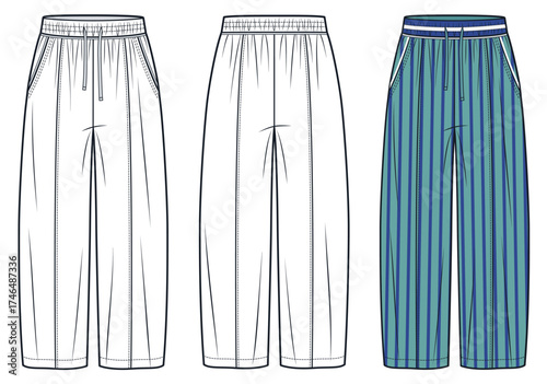 Wide Leg Pants fashion flat sketch. Pyjamas Pants fashion flat technical drawing template, elastic waist, loose fit, pockets, front and back view, white, blue, striped, women, men, unisex CAD mockup.