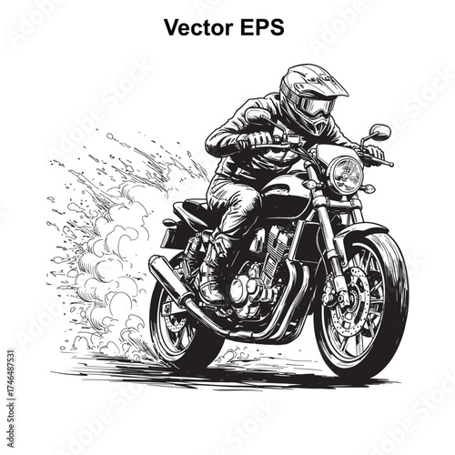 Vector art of motorcyclist riding a motorcycle with dust and speed lines