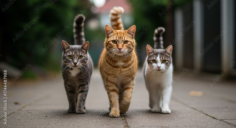 Fototapeta premium Three adorable cats walking together on a paved pathway, their tails held high