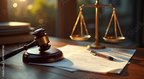 Wooden gavel sitting on top of a desk next to a paper