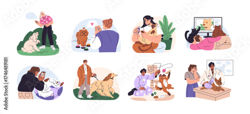 Set of owners with their pets. People love domestic animals. Men and women walk dogs, trim cat claws, training, take photo and care in vet. Flat isolated vector illustrations on white background.