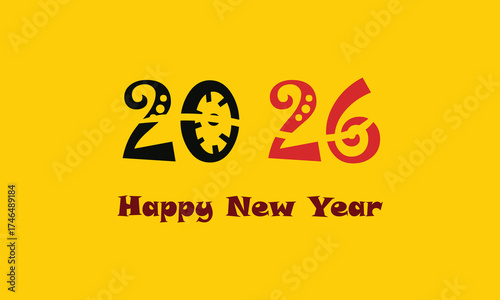 Happy New Year 2026 Decorative Typography on Bright Yellow Background