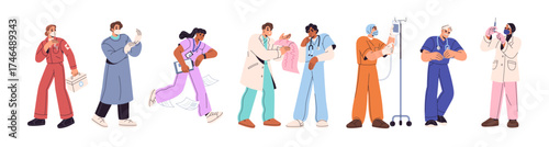 Set of different doctors. Healthcare workers in uniform. Medics discuss ECG together in clinic. Surgeon, therapist, physician and hospital nurse. Flat isolated vector illustrations on white background