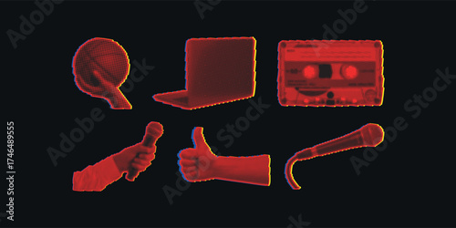 Halftone Hand Gestures Collection Thumbs Up Microphone Cassette Recorder Communication
