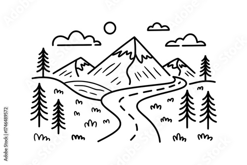 Monoline Black Outline Mountain Landscape with Winding Road, Evergreen Trees, Sun, and Clouds. Hand-drawn, Flat, Minimalist Art on White Background.