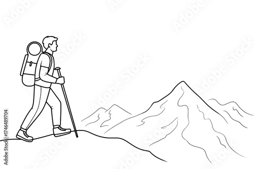 Minimalist Black Outline Hiker with Backpack and Trekking Pole on Mountain Path with Landscape Background