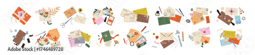 Set of vintage letters. Different envelopes with postage stamps and stationery for scrapbooking. Communication with correspondence, paper mail. Flat isolated vector illustrations on white background.