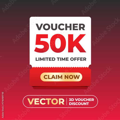 Modern 3D vector voucher template showing 50K discount with claim now button and limited time offer on red gradient background