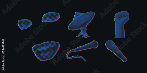Halftone Communication Tools Collection Dotted Technology Icons on Dark Backdrop Illustration