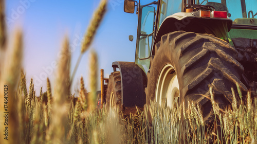 Close-up of a tractor wheel in a golden wheat field under a clear blue sky.