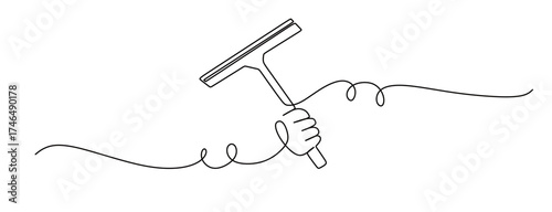 continuous line art of a hand holding a glass cleaner with curved and twisting lines