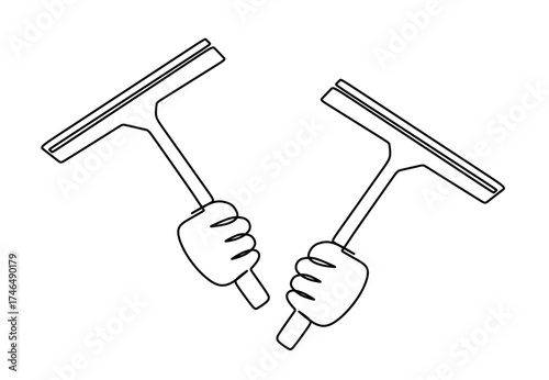 Continuous line art of two hands holding a glass cleaning tool. Vector illustration