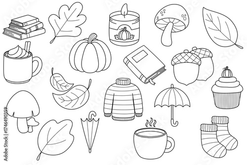 Autumn elements Outline Leaves Line Art Fall doodle outline Cute autumn season