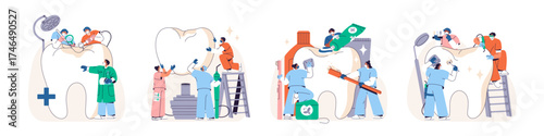 Dental care and oral hygiene concept set. Dentists are brushing and whitening teeth, do treatment of caries and installation of tooth implant. Flat isolated vector illustrations on white background.