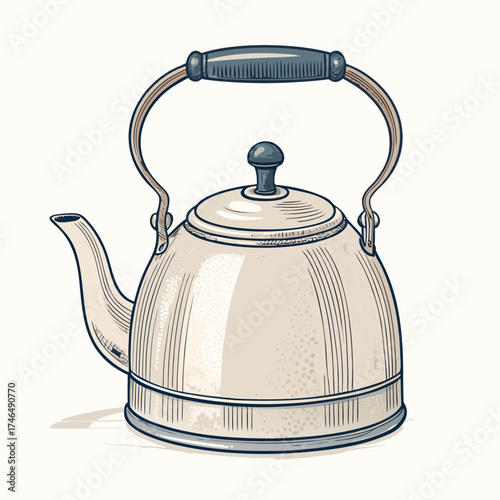 Hand-Drawn Vintage Metal Kettle with Carved Details and Woven Handle