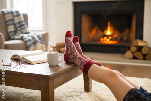 Christmas holiday scene with patterned red socks relaxing by fireplace
