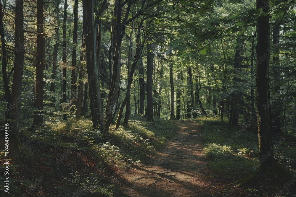 Fototapeta premium Sunbeams illuminating path in tranquil forest inviting exploration and adventure