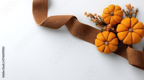 Colorful autumn decor featuring knitted pumpkins and dried flowers arranged on a white surface with a textured brown ribbon in a cozy setting
