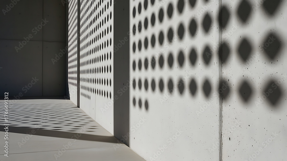 Obraz premium Geometric patterns cast by sunlight through perforated panels create an interplay of light and shadow on a building's exterior.