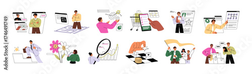 Concept set of business development. Employees work, analysis, solve problems, teamwork. Team is meeting, planning strategy to achieve success. Flat isolated vector illustrations on white background.