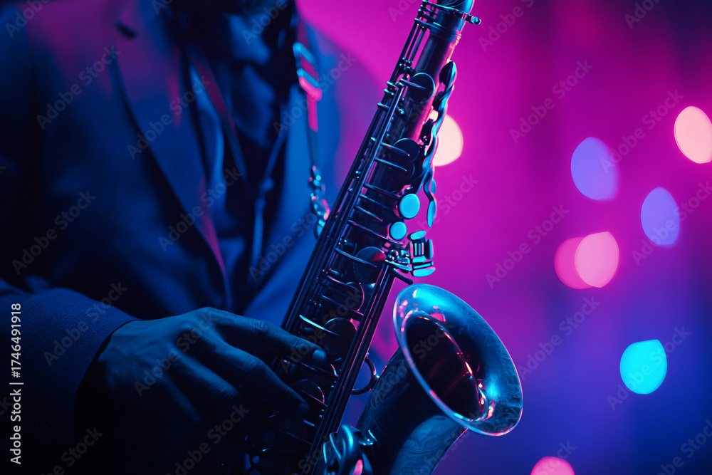 Fototapeta premium Generative AI Image of a Jazz Performer Playing a Saxophone in a Vibrant Atmosphere
