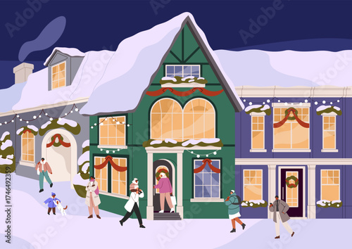 Decorated houses facades, fronts of shops, stores with garlands. People with kids walking, playing on snow city street. Xmas night in cozy town. Evening winter cityscape. Flat vector illustration.