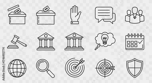 A collection of line art icons representing various aspects of government, law, and decision-making, perfect for illustrating concepts related to politics and civic engagement.