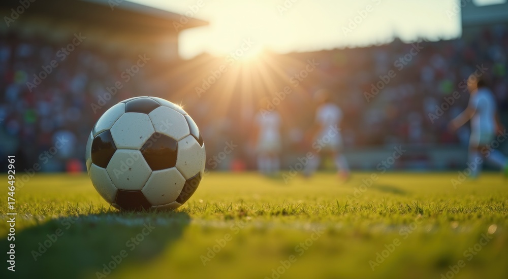Obraz premium Soccer ball on the grass in front of a crowd
