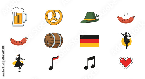 A vector illustration showcases a collection of icons representing Oktoberfest, featuring beer, pretzels, traditional hats, sausages, barrels, German flags, dancing figures, musical notes, and a