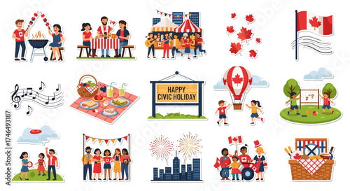 A vibrant illustration depicts a collection of scenes celebrating Canadian culture and Civic Holiday, featuring families, picnics, flags, fireworks, and festive gatherings in a colorful and cheerful