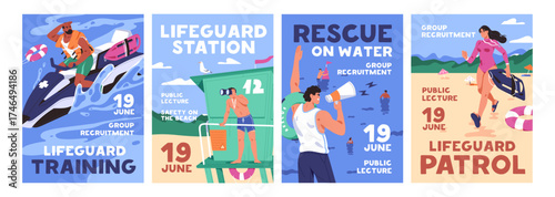 Set of lifeguard on the water event poster designs. Advertising templates of life guard at sea, first aid and help. Layouts of safety on beach, rescue of drowning people. Flat vector illustrations.