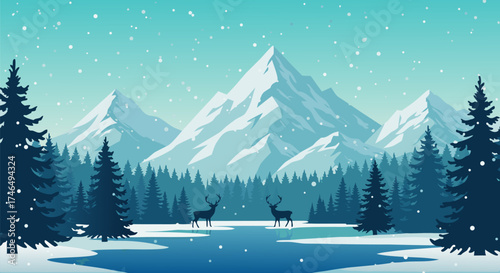 Majestic snow-capped mountains tower over a tranquil winter forest, reflecting in a frozen lake where graceful deer stand amidst gentle snowfall