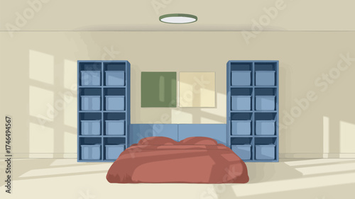 Cartoon bedroom with a bed flanked by blue shelving units under a ceiling light fixture
