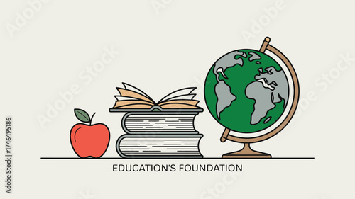 Education concept with globe books and apple in minimal flat illustration
