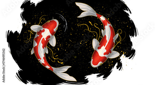 Koi carps in pond in abstract splash style.