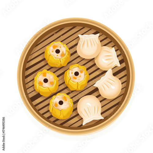 Steamer basket with dim sum on a bamboo tray, top view, flat illustration. Isolated on transparent background.