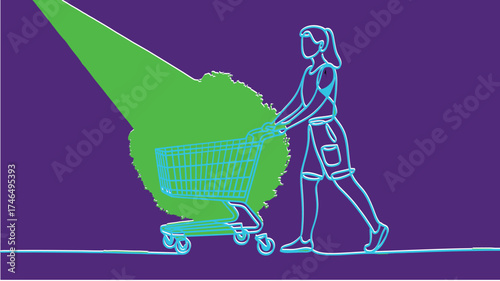 Woman pushing shopping cart in modern minimal line art style on purple background
