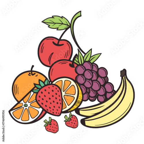 Vibrant assortment of fresh fruits, including berries, citrus, grapes, and bananas, offering a taste of nature's bounty.