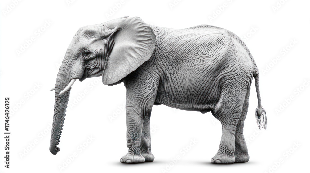 Fototapeta premium African elephant profile, standing, white background, wildlife, conservation
