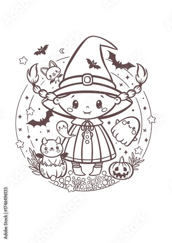 Cute little witch Halloween coloring page, kawaii line art illustration for kids