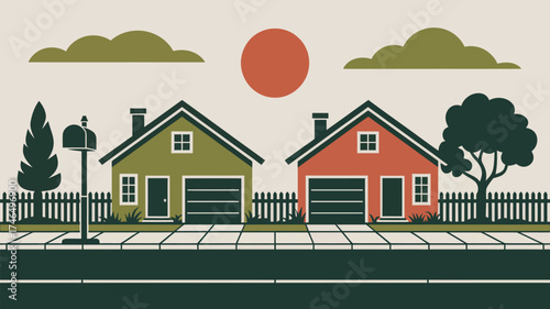 Illustration showing two houses with garages under a sun and clouds with a picket fence and street